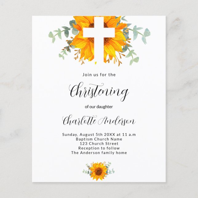 Christening sunflower eucalyptus budget invitation flyer (Front)