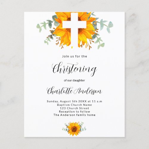 Christening sunflower eucalyptus budget invitation flyer