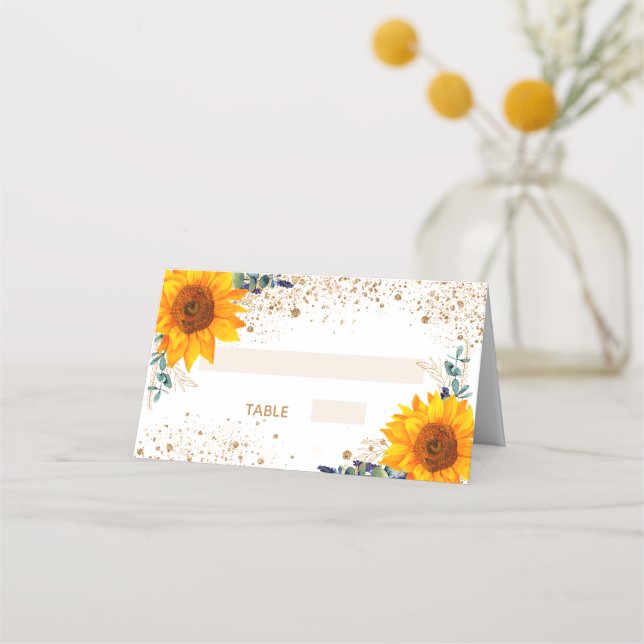 Christening sunflower eucalyptus gold glitter place card (Front)