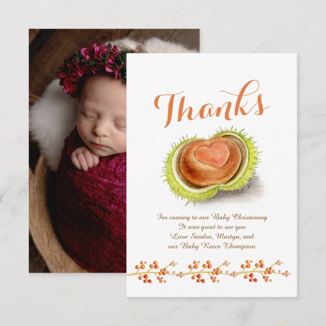 Christening thank you chestnut heart custom photo card (Front/Back)