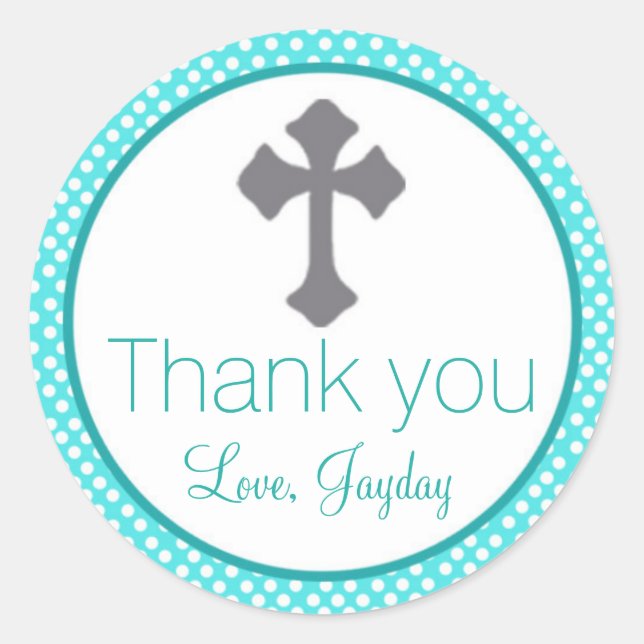 Christening Turquoise Label Cross Baptism Favor (Front)