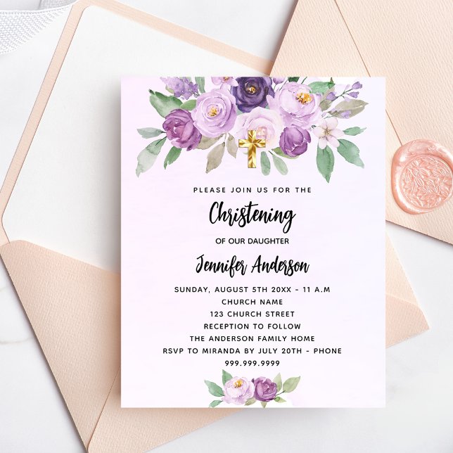 Christening violet flowers budget invitation flyer (Creator Uploaded)