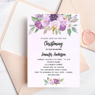 Christening violet flowers greenery cross invitation postcard