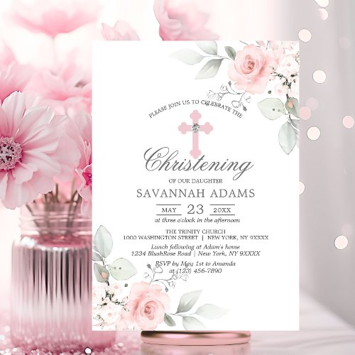 Christening Watercolor Pink Rose Girl Cross Invitation
