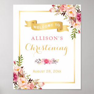 Christening Welcome Sign Elegant Chic Floral Gold