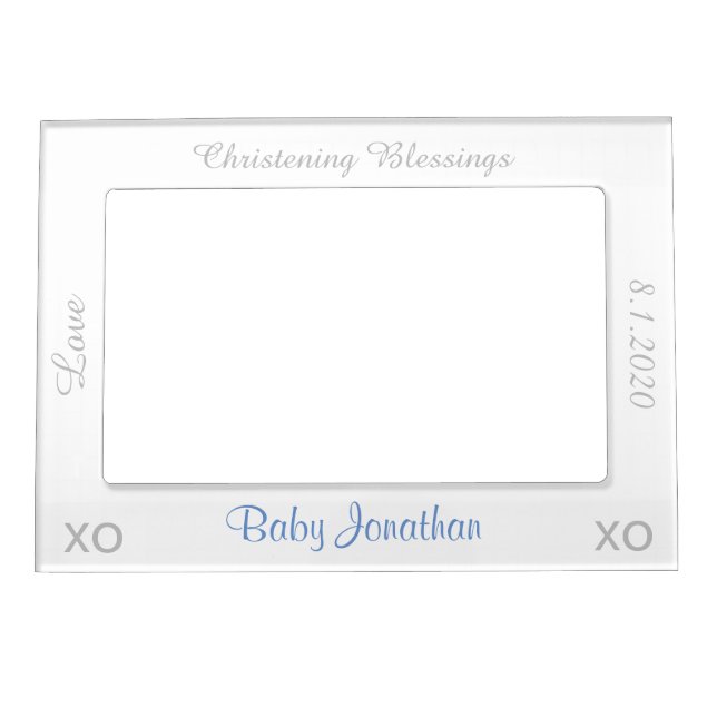 Christening White Blue Name Magnetic Photo Frame (Front)