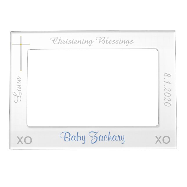 Christening White Blue Silver Cross Magnetic Frame (Front)