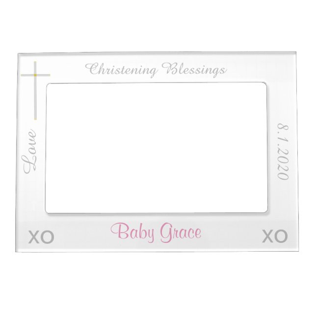 Christening White Pink Silver Cross Magnetic Frame (Front)