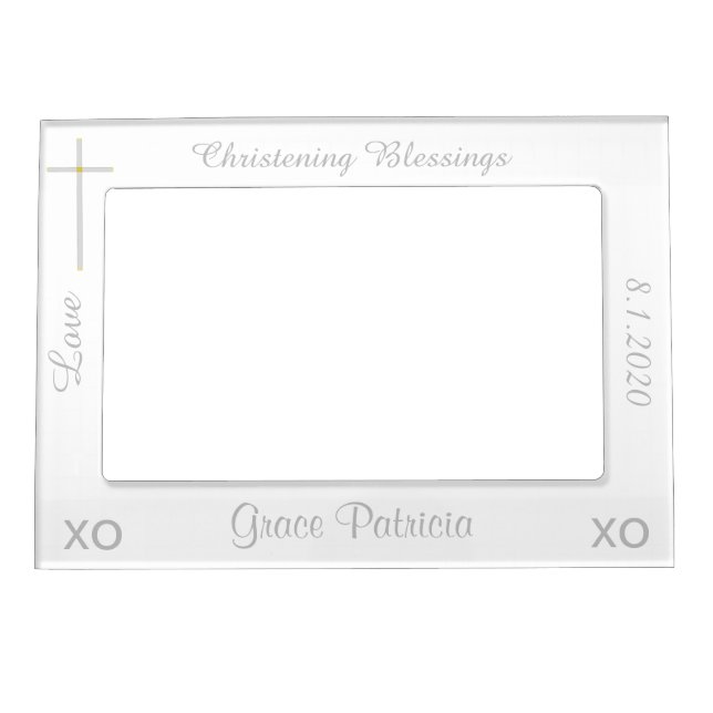 Christening White Silver Cross Name Magnetic Frame (Front)