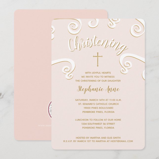 ChristeningScrolls in Pink and Gold Invitation (Front/Back)