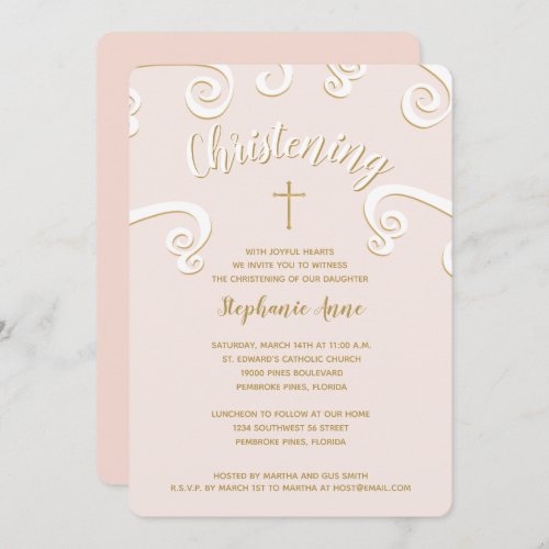 ChristeningScrolls in Pink and Gold Invitation