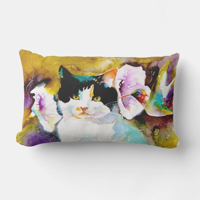 "Christeve the Cat with Hummingbird" Print Outdoor Pillow (Front)