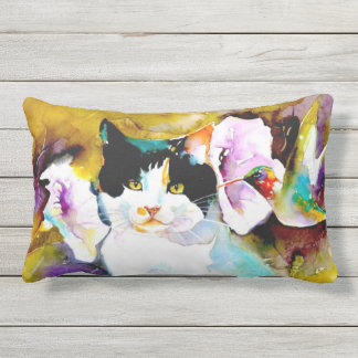 "Christeve the Cat with Hummingbird" Print Outdoor Pillow