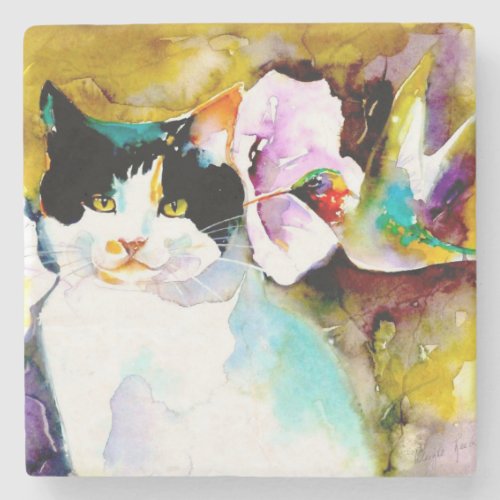 Christeve the Cat with Hummingbird Print  Stone Coaster