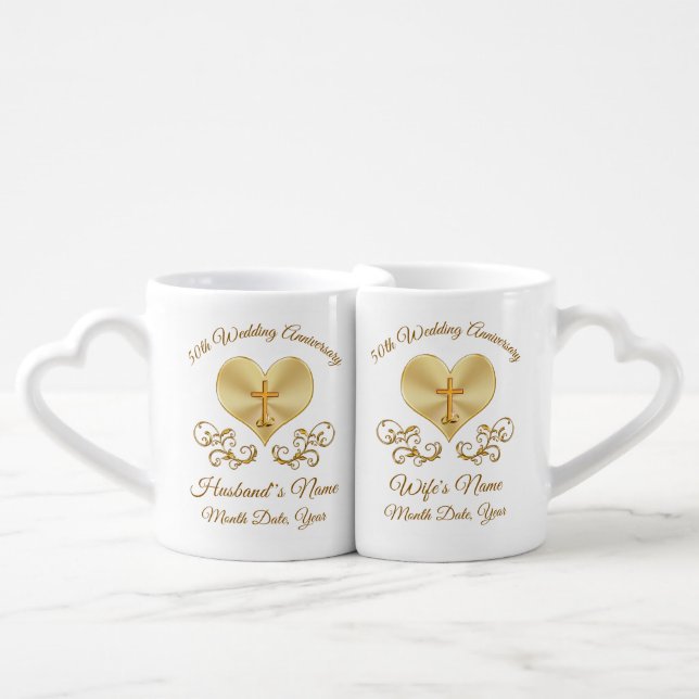 Christian 50th Anniversary Gifts, Personalized Coffee Mug Set (Front Nesting)