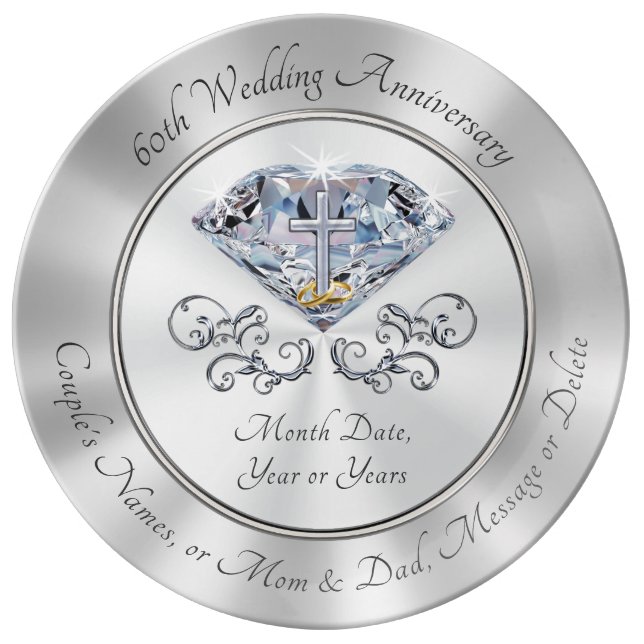 Christian 60th Anniversary Gifts, Diamond, Cross Dinner Plate (Front)