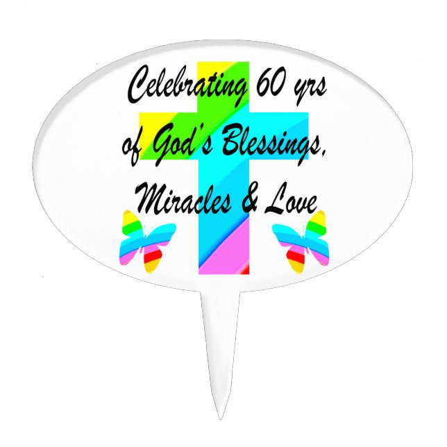 CHRISTIAN 60TH BIRTHDAY CROSS AND BUTTERFLY DESIGN CAKE TOPPER (Front)