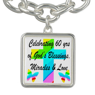 CHRISTIAN 60TH BIRTHDAY CROSS AND BUTTERFLY DESIGN CHARM BRACELET