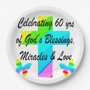 CHRISTIAN 60TH BIRTHDAY CROSS AND BUTTERFLY DESIGN PAPER PLATES