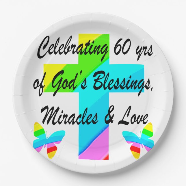 CHRISTIAN 60TH BIRTHDAY CROSS AND BUTTERFLY DESIGN PAPER PLATES (Front)