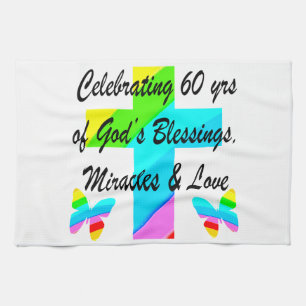 CHRISTIAN 60TH BIRTHDAY CROSS AND BUTTERFLY DESIGN TOWEL