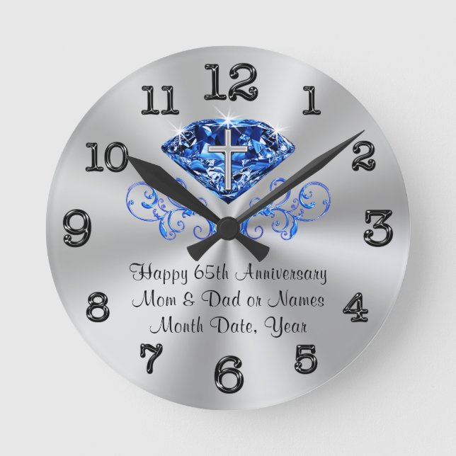 Christian 65th Anniversary Gifts, Parents, Friends Round Clock (Front)