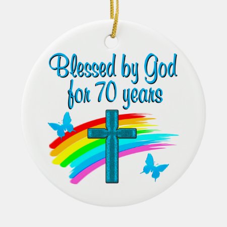 Christian 70th Birthday Cross And Rainbows Ceramic Ornament