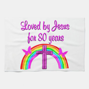 CHRISTIAN 80TH BIRTHDAY RAINBOW DESIGN TOWEL