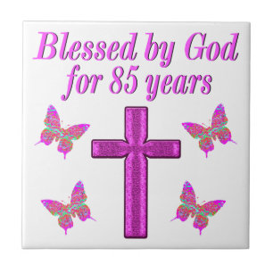 CHRISTIAN 85TH BIRTHDAY PINK CROSS DESIGN CERAMIC TILE