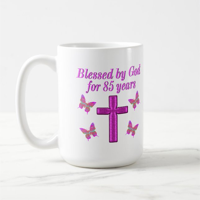 CHRISTIAN 85TH BIRTHDAY PINK CROSS DESIGN COFFEE MUG (Left)