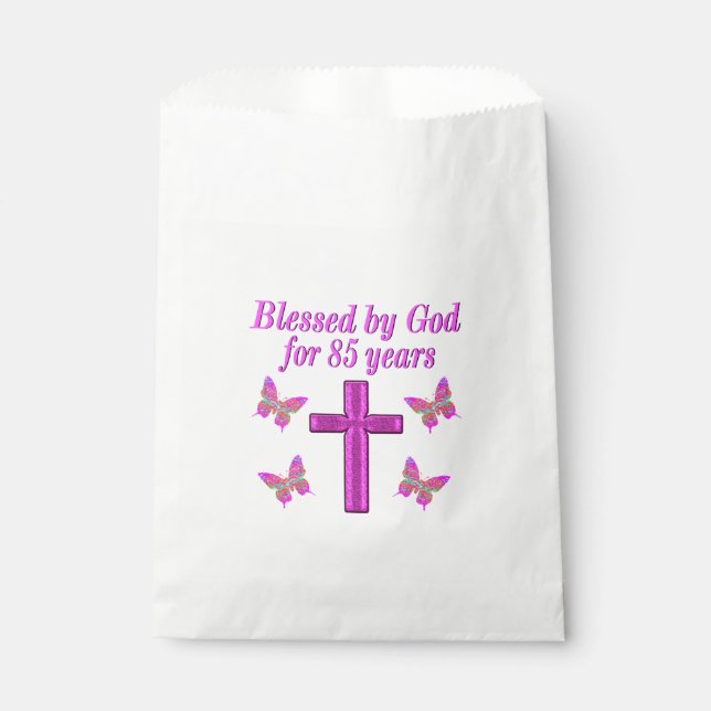 CHRISTIAN 85TH BIRTHDAY PINK CROSS DESIGN FAVOR BAG (Front)