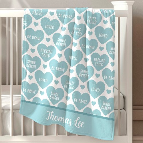 Christian Affirmation Hearts Blue Personalized Baby Blanket