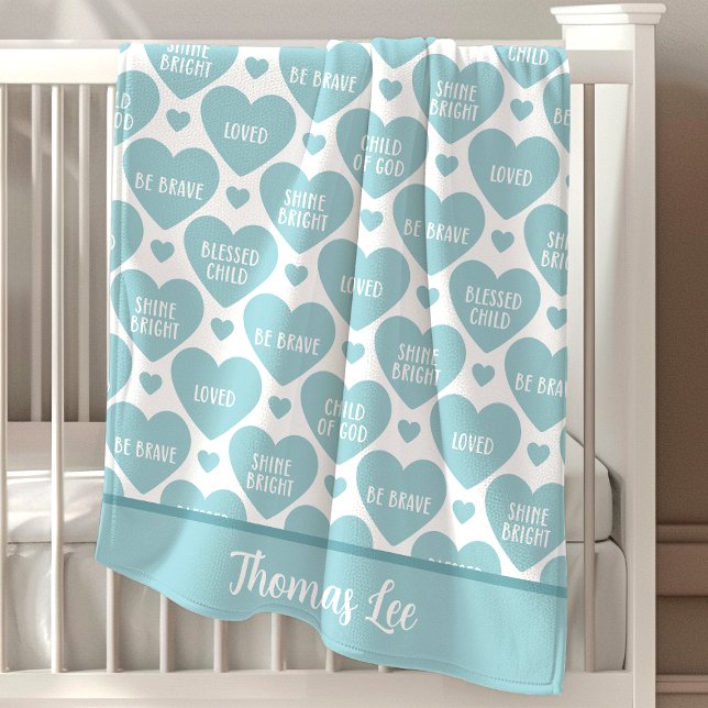 Christian Affirmation Hearts Blue Personalized Baby Blanket (Creator Uploaded)