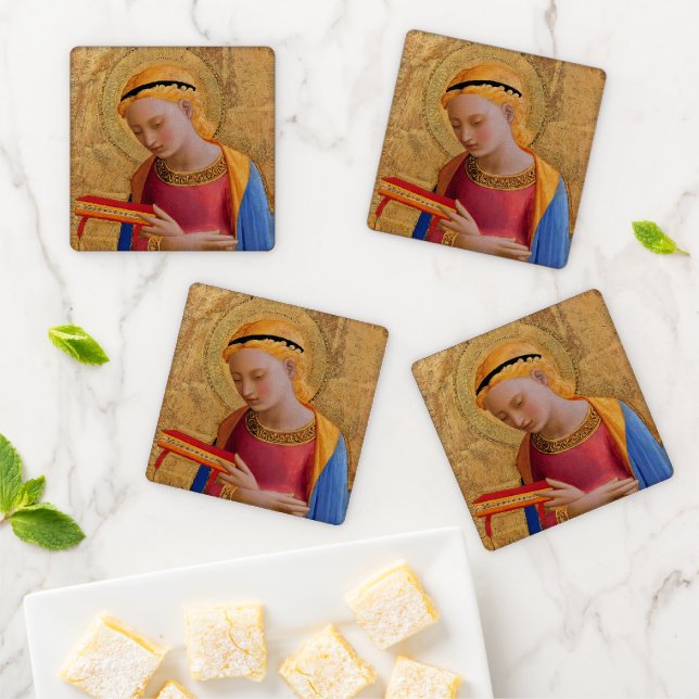 Christian Angel Golden Halo Holding Holy Book Coaster Set (In Situ)