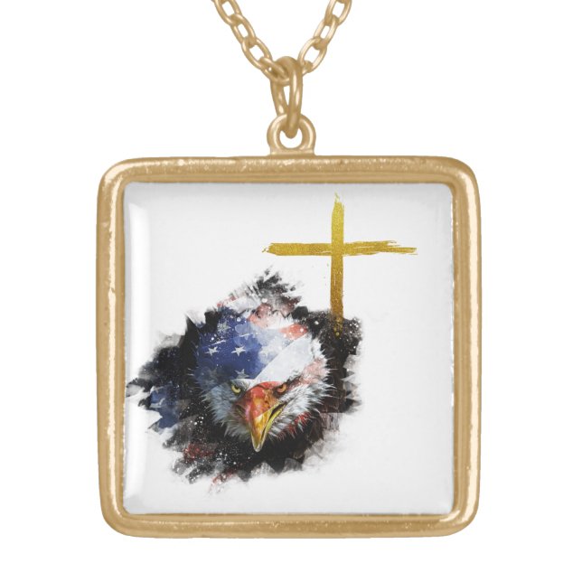 *~* Christian AP16 Eagle Cross Patriot USA Flag Gold Plated Necklace (Front)