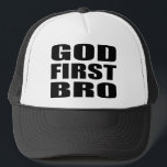 Christian Apparel GOD FIRST BRO Trucker Hat<br><div class="desc">Awesome custom Christian apparel, perfect to show off your faith.
Start a conversation by sporting Christian clothing, hats, etc. Help spread the good news!</div>