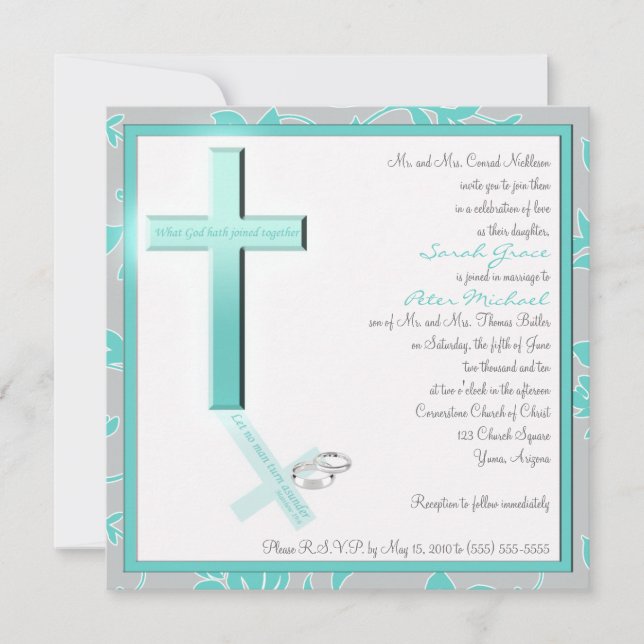 Christian Aqua and Gray Square Wedding Invitation (Front)