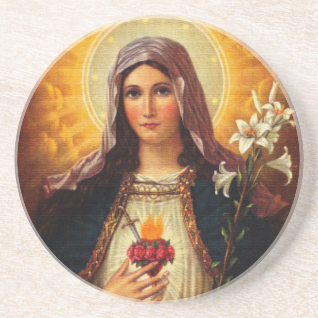 Christian Art of Sacred Heart of Jesus and Mary Drink Coaster (Front)