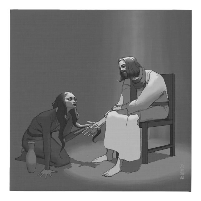 Christian Art Of Woman Washing Jesus Feet Faux Canvas Print (Front)