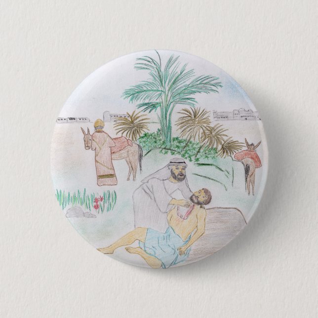 Christian Artwork The good Samaritan Button (Front)