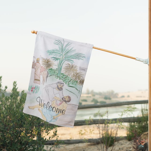 Christian Artwork The good Samaritan House Flag (Insitu (Back))