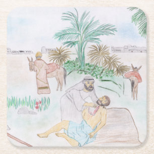 Christian Artwork The good Samaritan Square Paper Coaster