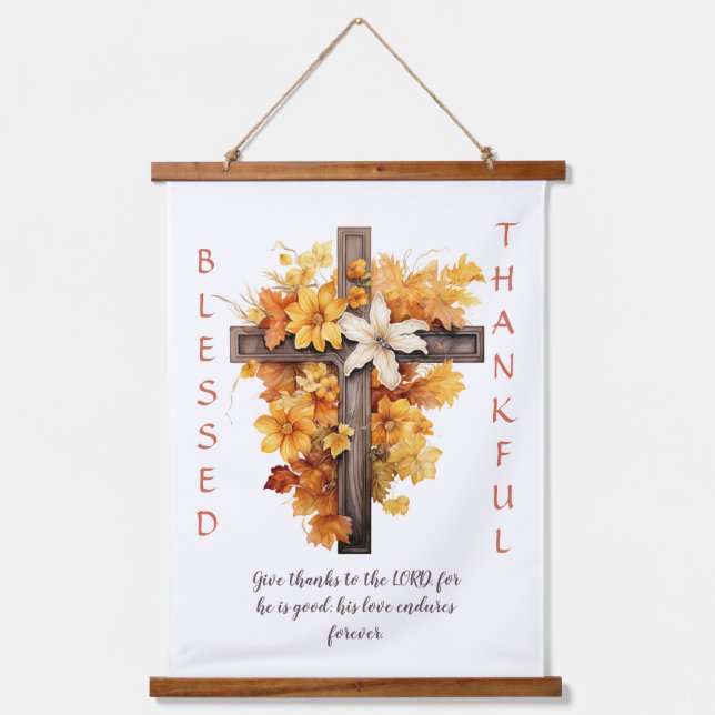 Christian Autumn Floral Cross Thanksgiving Hanging Tapestry (Front)