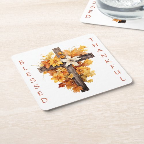 Christian Autumn Floral Cross Thanksgiving Square Paper Coaster