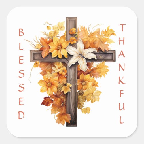 Christian Autumn Floral Cross Thanksgiving Square Sticker