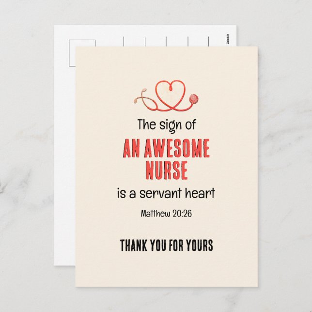 Christian AWESOME NURSE SERVANT HEART Thank You Holiday Postcard (Front/Back)