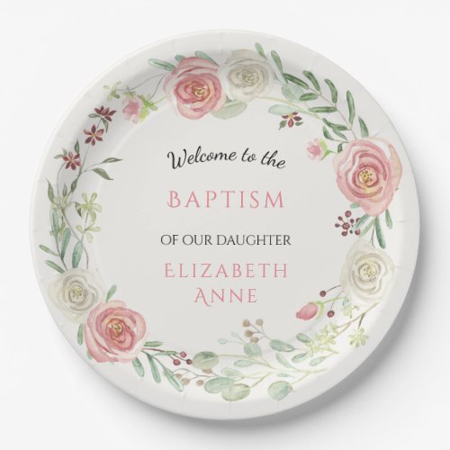 Christian Baptism Baby Girl Watercolor Floral Pink Paper Plates
