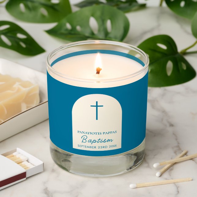Christian Baptism Christening Boy Blue Arch Favor Scented Candle (Lit)