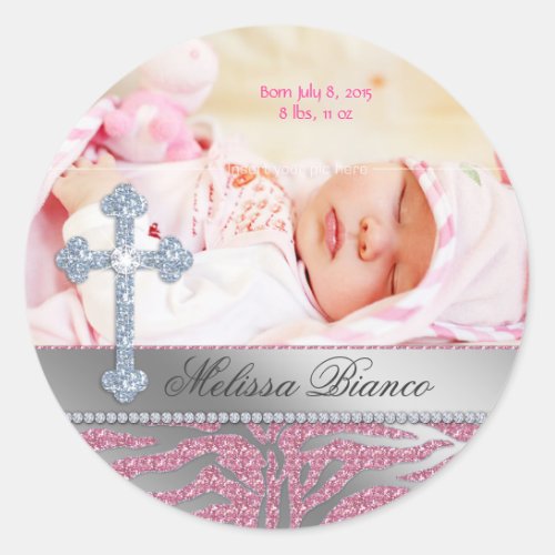 Christian Baptism Cross Baby Girl Zebra Classic Round Sticker