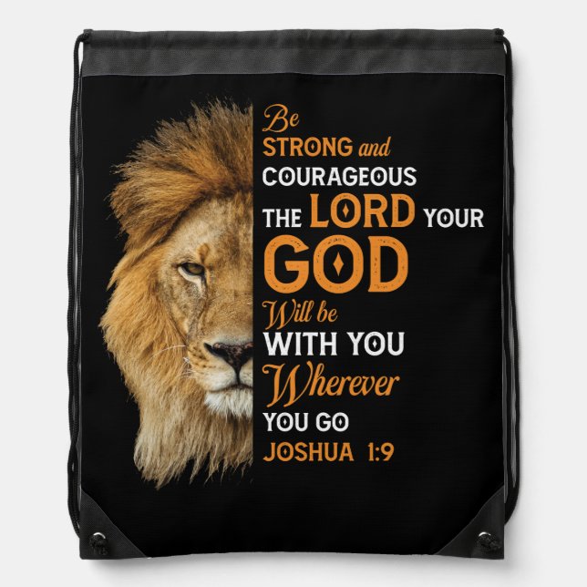 Christian Bible Verse Joshua 1 9 Lion Faith Drawstring Bag (Front)